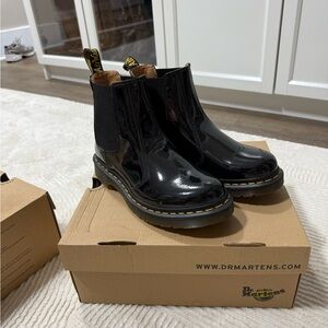 Dr. Martens Black Patent Chelsea Boots with Yellow Stitching